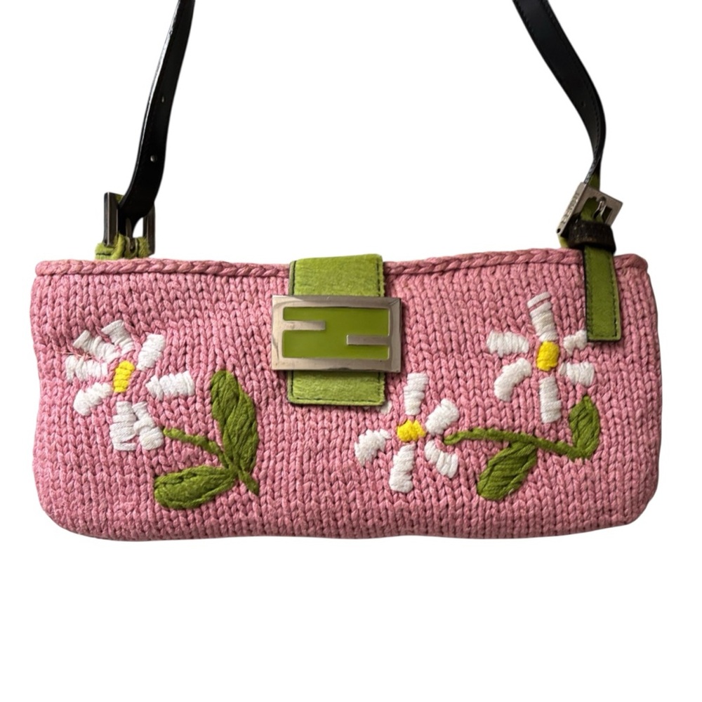 FENDI VINTAGE RARE Y2K Pink Knit Floral Green Cow Print Pony Hair Trim Baguette - Picture 5 of 16